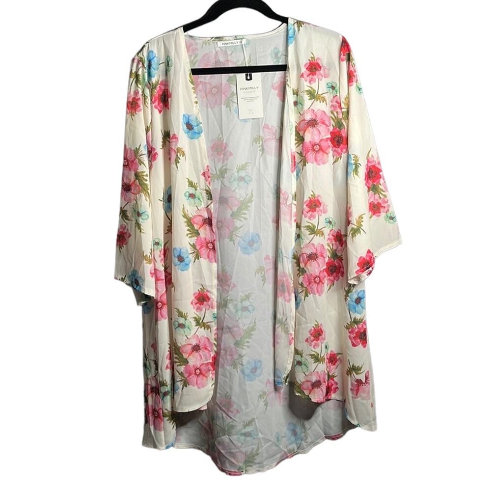 Pink Milly Pink Blue Floral Open Front Blouse Medium